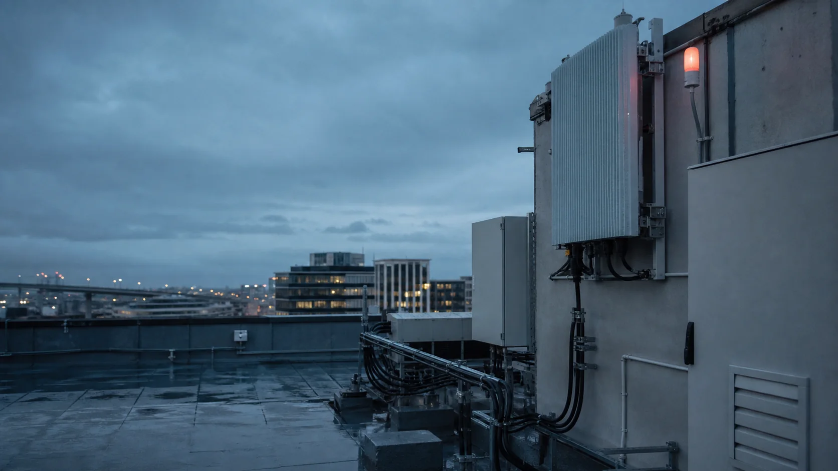 Enterprise wireless infrastructure installed on an urban rooftop at blue hour.