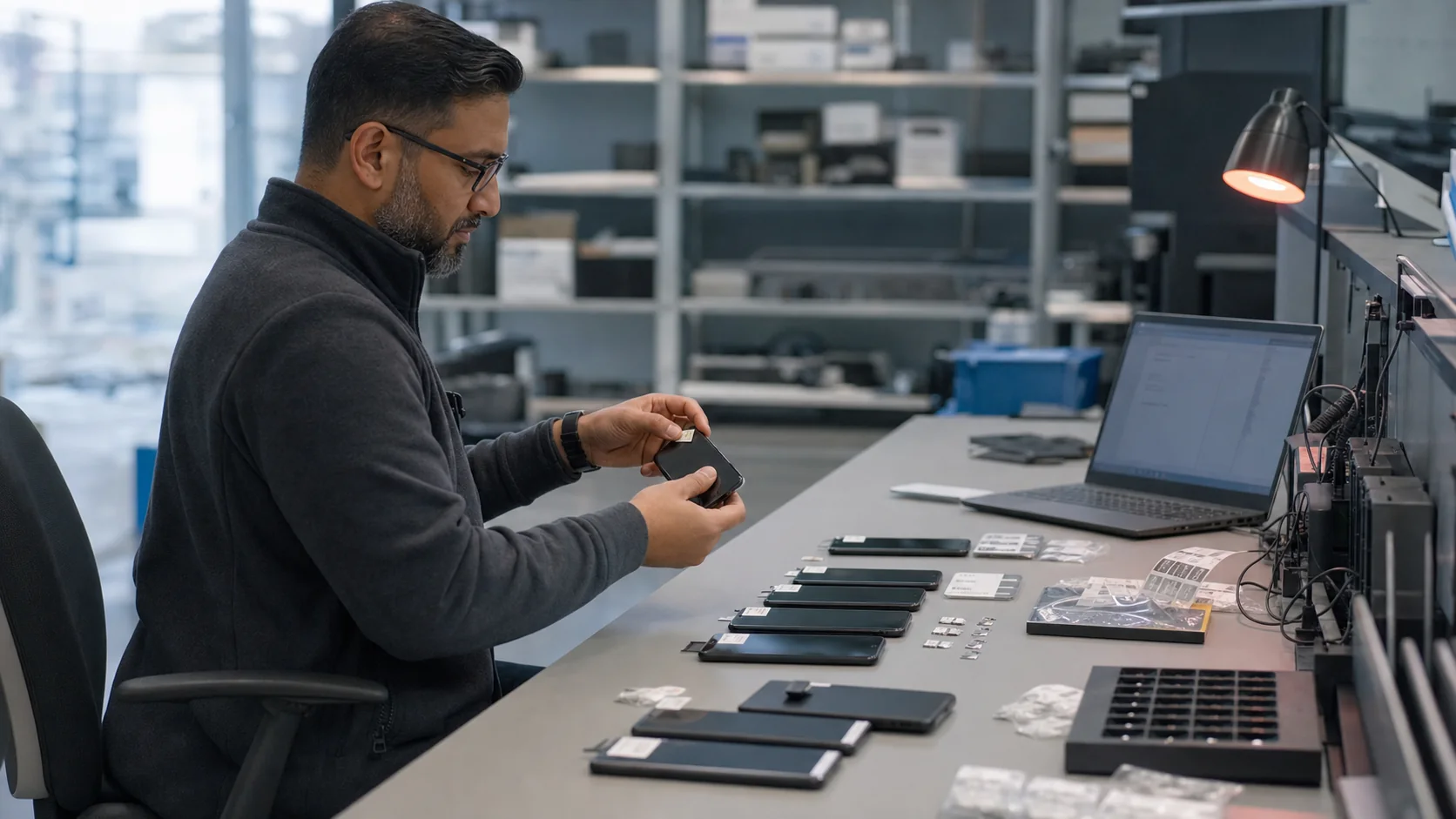An enterprise mobility specialist preparing unbranded business devices at a technical workbench.